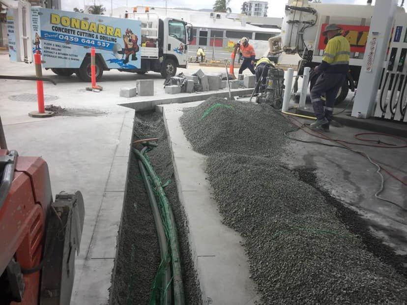 Construction at a Gas Station — Dondarra Concrete Cutting & Drilling in Parkhurst, QLD