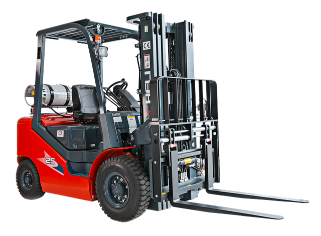 A red and black forklift on a white background.