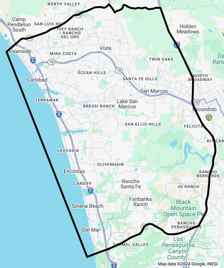 A map of a city with a circle around it.