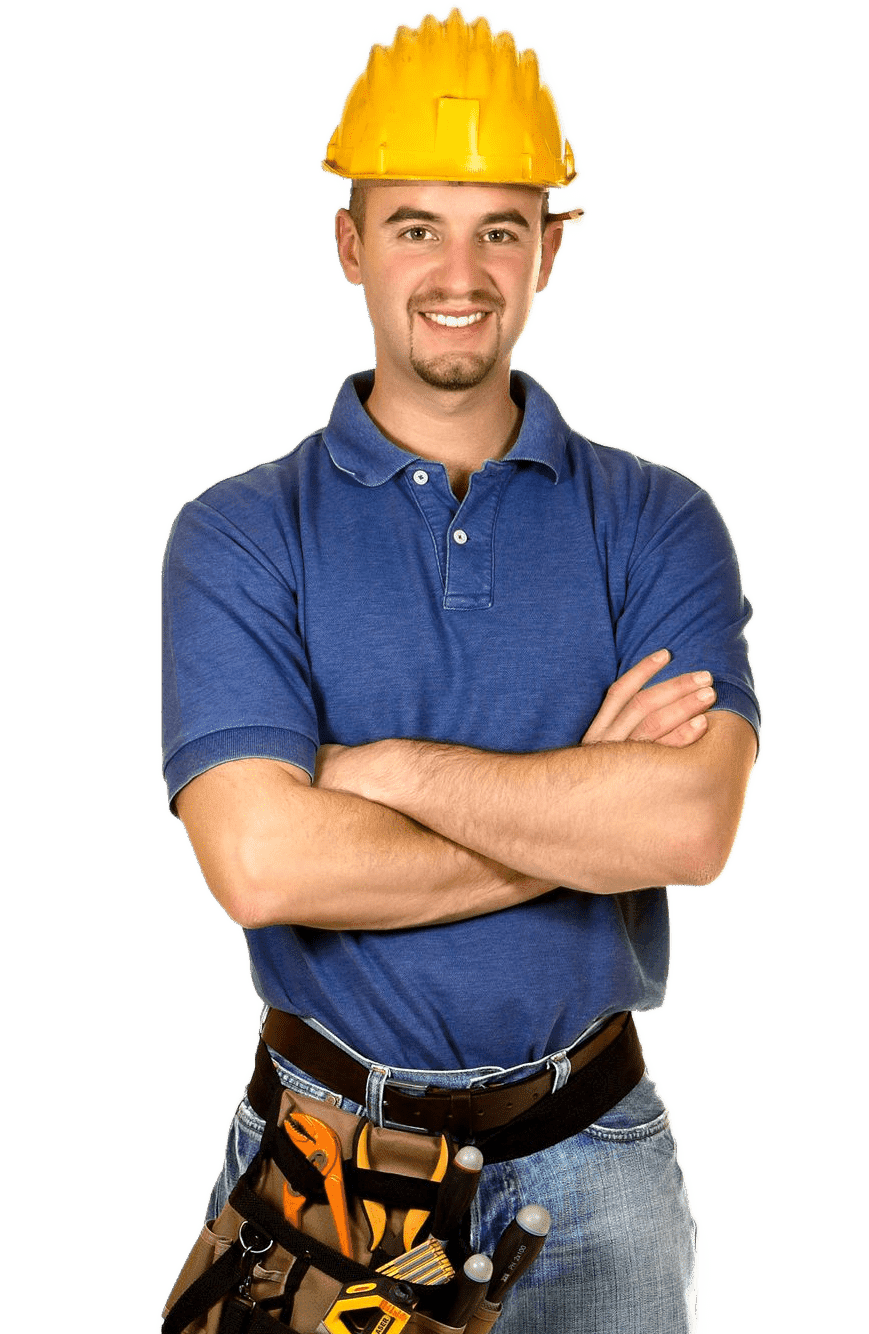 a man wearing a hard hat is standing with his arms crossed