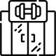 A black and white icon of a gym with a dumbbell on the door.