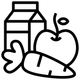 A black and white icon of a carton of milk , an apple , and a carrot.