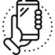 A hand is holding a cell phone in a line icon.
