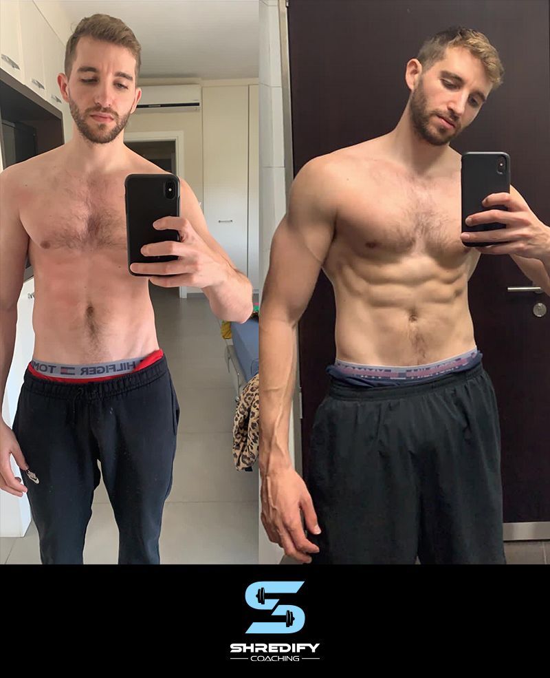 A before and after photo of a shirtless man