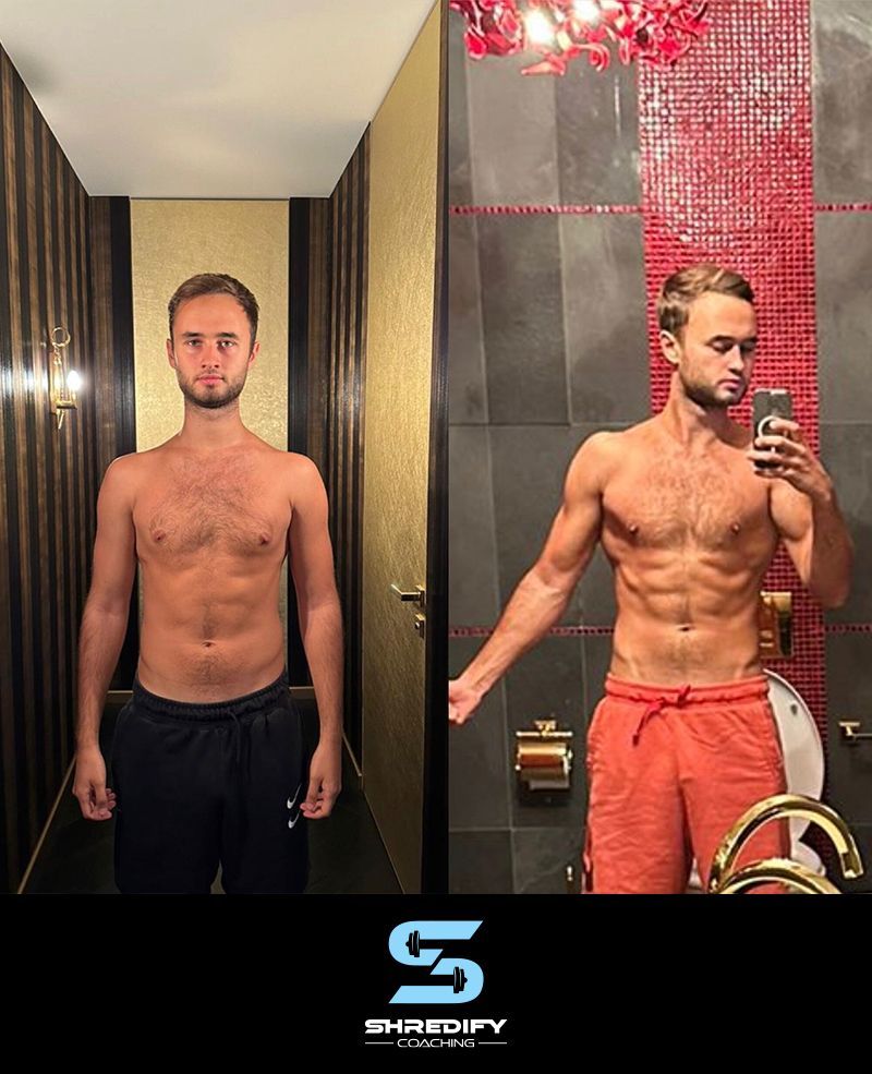 A before and after photo of a shirtless man