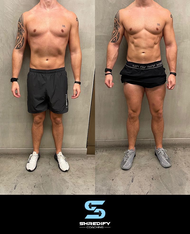 A before and after photo of a shirtless man