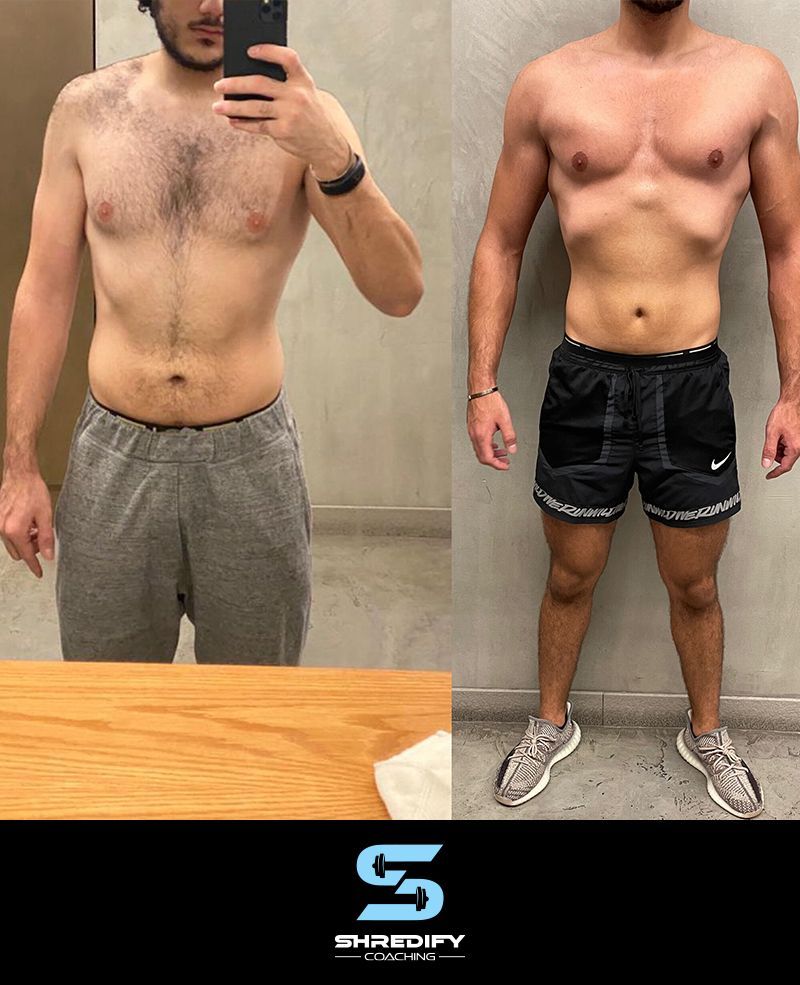 A before and after photo of a shirtless man