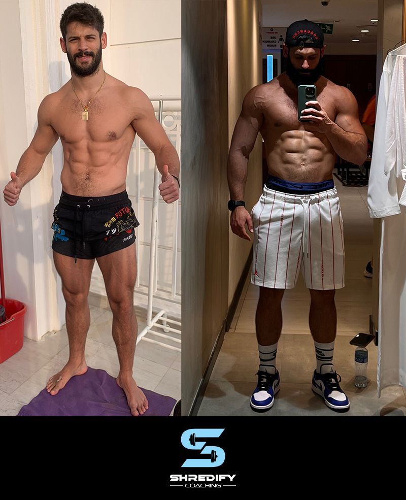 A before and after photo of a shirtless man