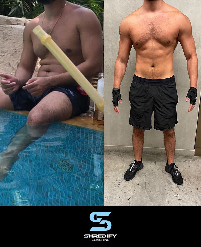A before and after photo of a shirtless man