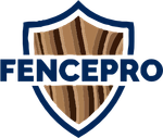 FENCEPRO logo with navy shield and brown wood texture behind bold blue text