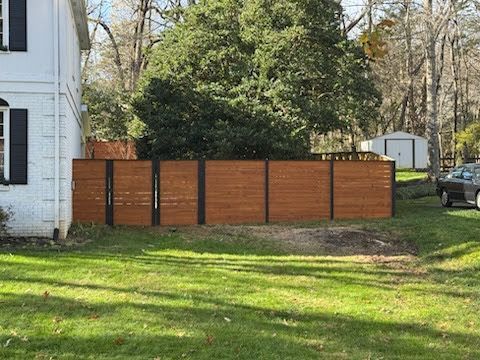 Wooden fence enclosing a backyard beside a white house, with trees and grass in the yard.