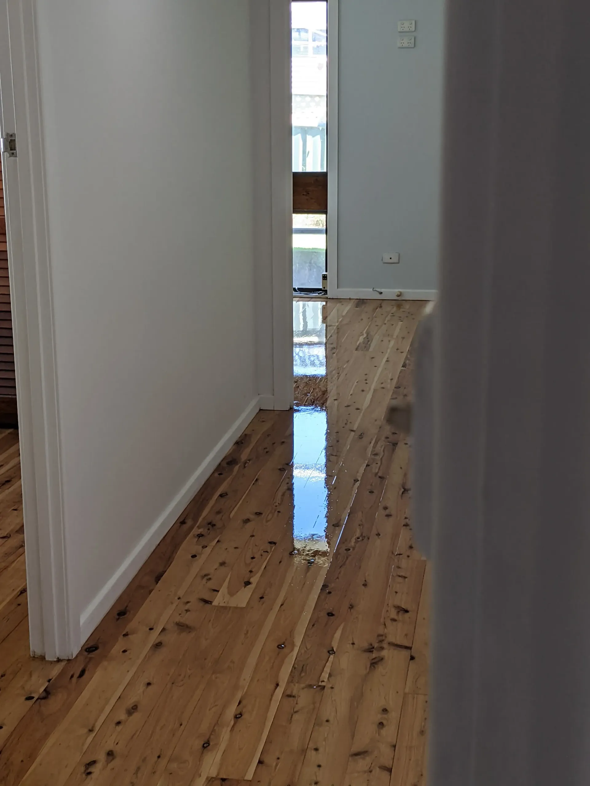 Wooden floor hallway with a doorway on the left and a window at the end, natural light. — The Good Wood Polished Timber Floors in Pittsworth, QLD