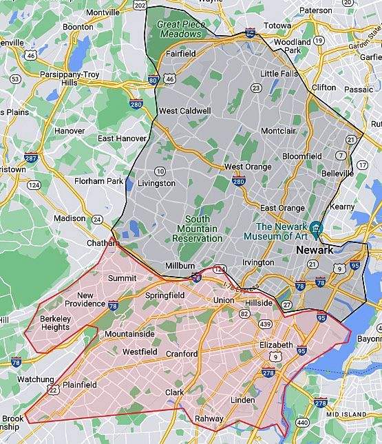 A map showing the boundaries of a city and surrounding areas.