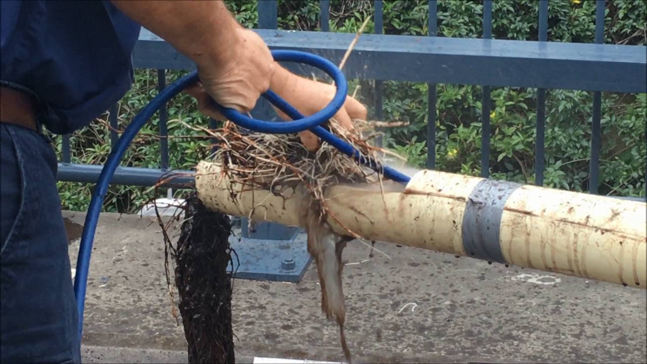 A man is using a hose to remove roots from a pipe.