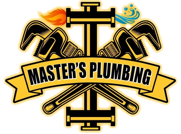 A logo for master 's plumbing with a cross and tools