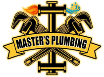 A logo for master 's plumbing with a cross and tools