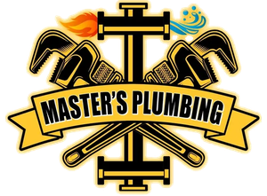 A logo for master 's plumbing with a cross and tools