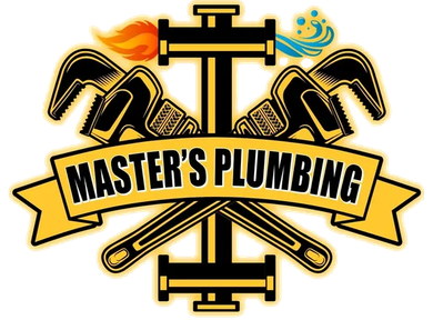 A logo for master 's plumbing with a cross and tools