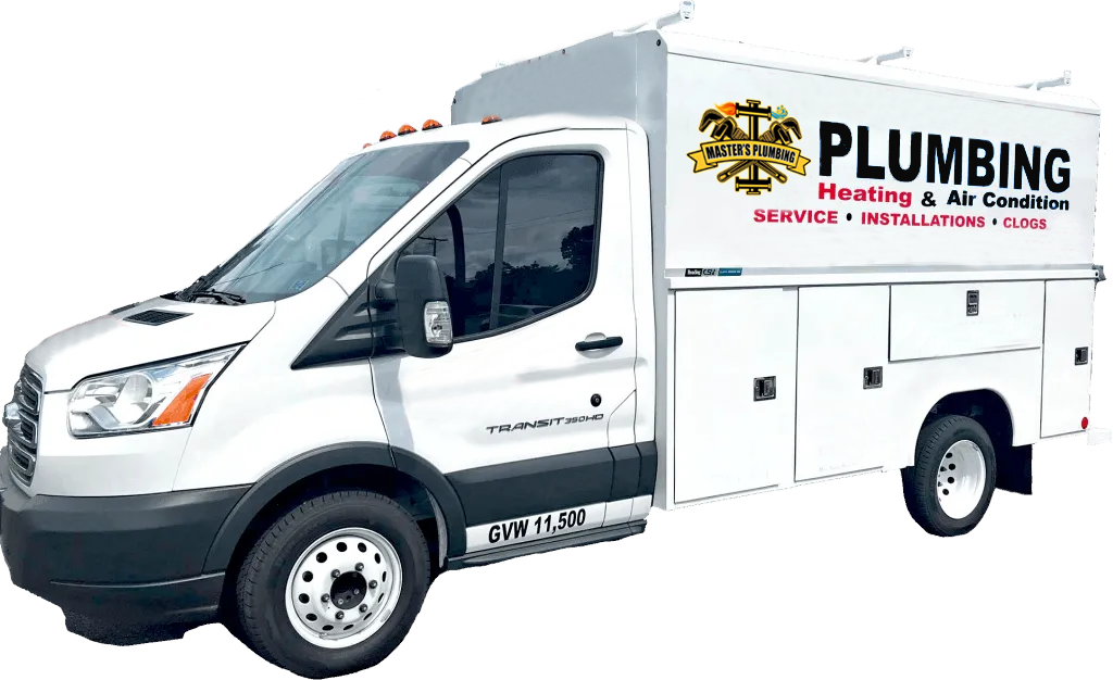 A white plumbing truck is parked on a white background.