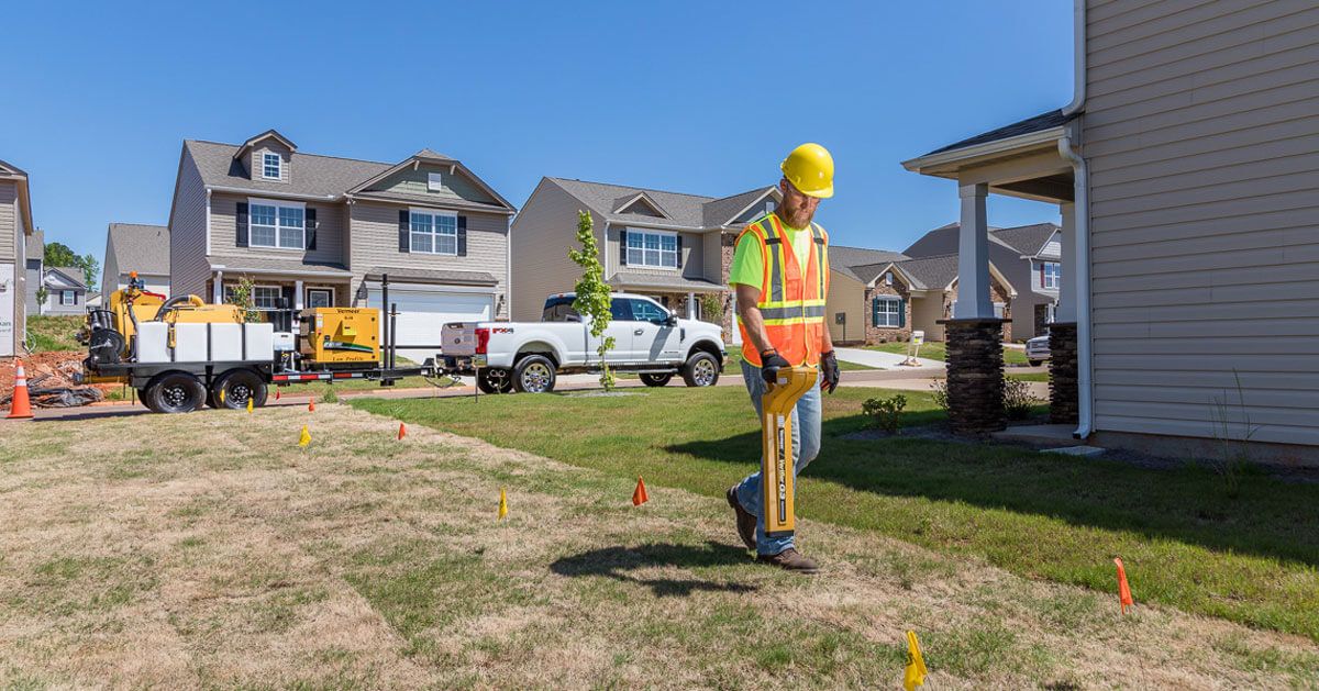 A construction worker is standing in front of a house in a residential neighborhood.