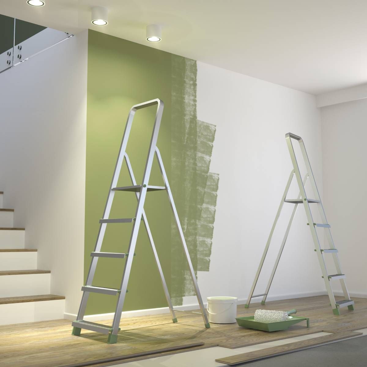 A ladder is sitting in front of a wall that is being painted green