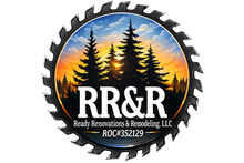Logo for Ready Renovations & Remodeling, LLC, featuring a saw blade frame around a sunset scene with pine trees.