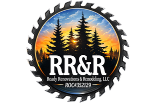 Logo for Ready Renovations & Remodeling, LLC, featuring a saw blade frame around a sunset scene with pine trees.