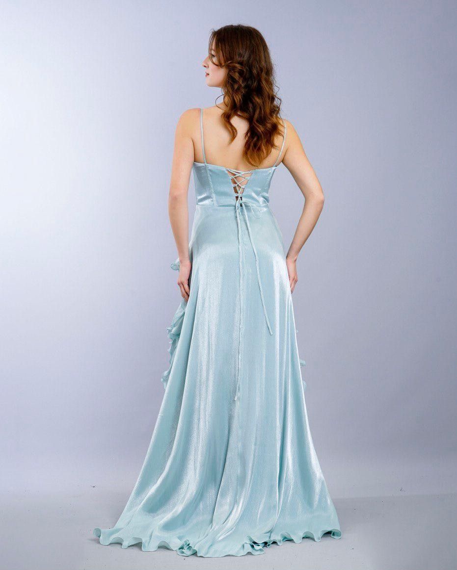 Woman in light blue formal gown, back view, arms at sides, hair to shoulders, studio setting β Nur's Collection In Rockdale, NSW