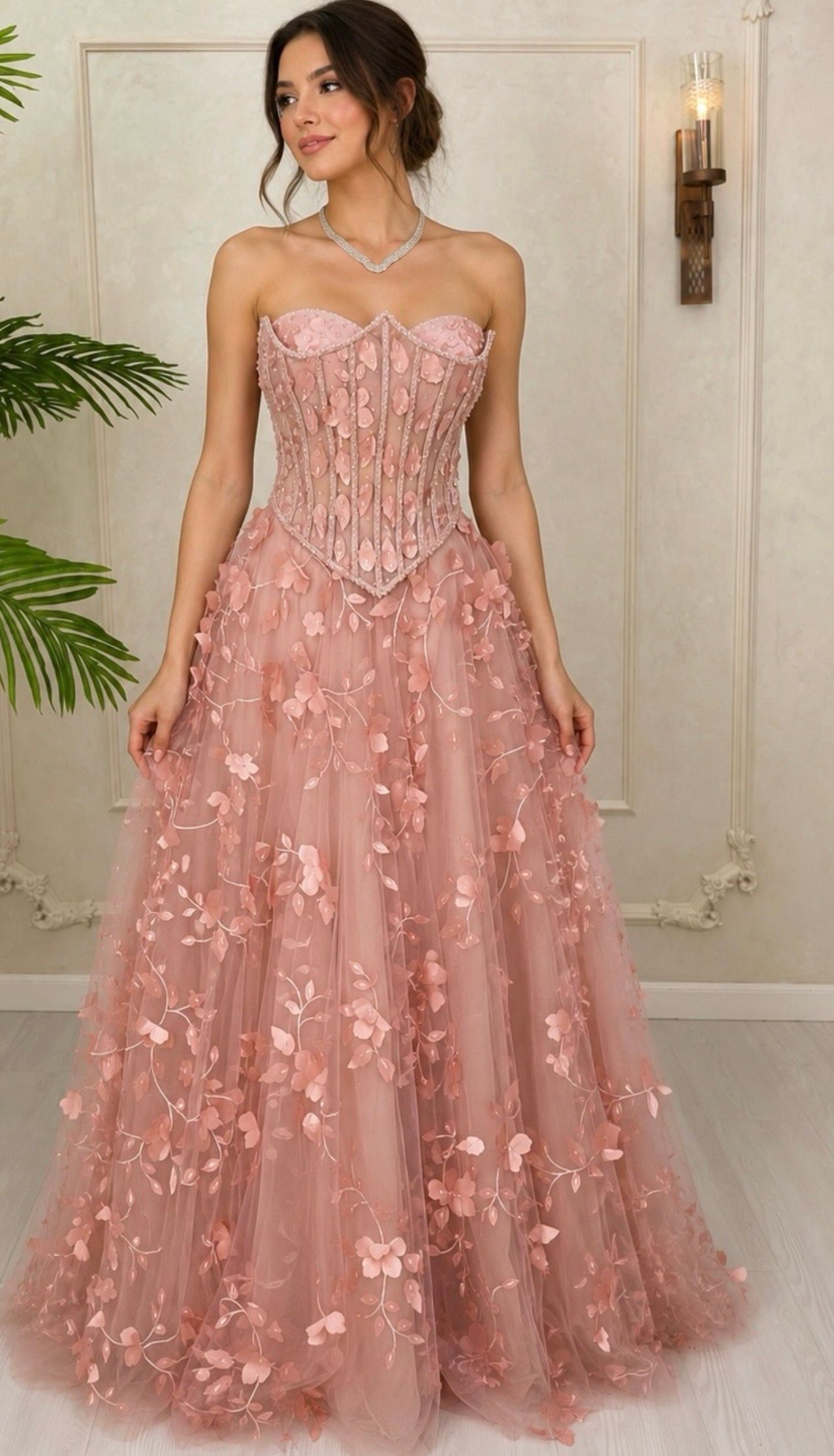Woman in a Blush Pink Strapless Gown Standing Indoors Against a Neutral Wall — Nur's Collection In Rockdale, NSW