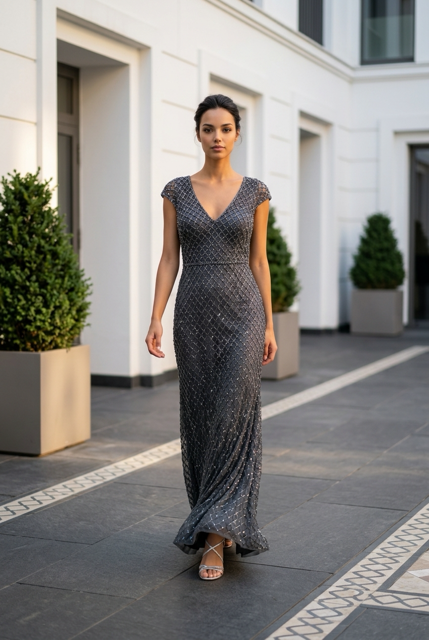 Woman in a Sparkling Dark Gown Walking Along a White Building Exterior — Nur's Collection In Rockdale, NSW