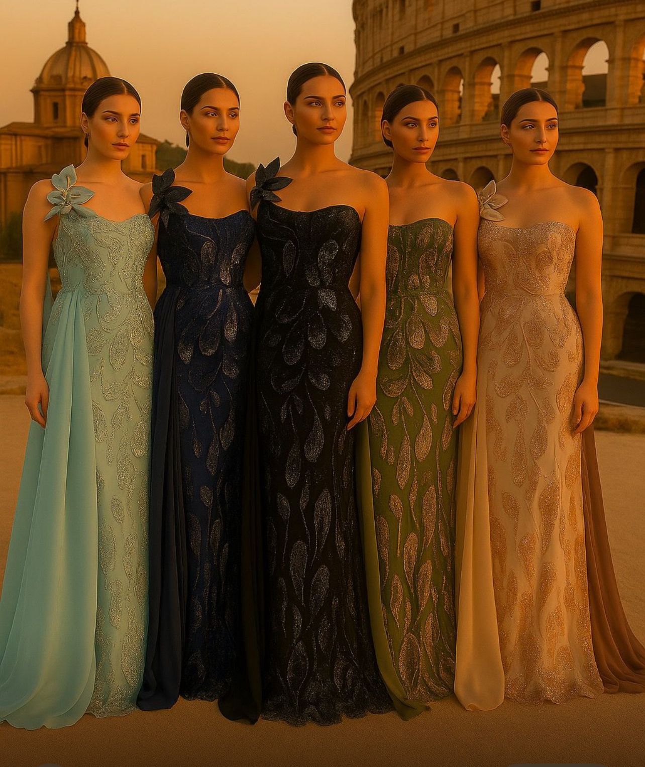 Five women in embellished gowns pose in front of a building and a dome; various colors β Nur's Collection In Rockdale, NSW