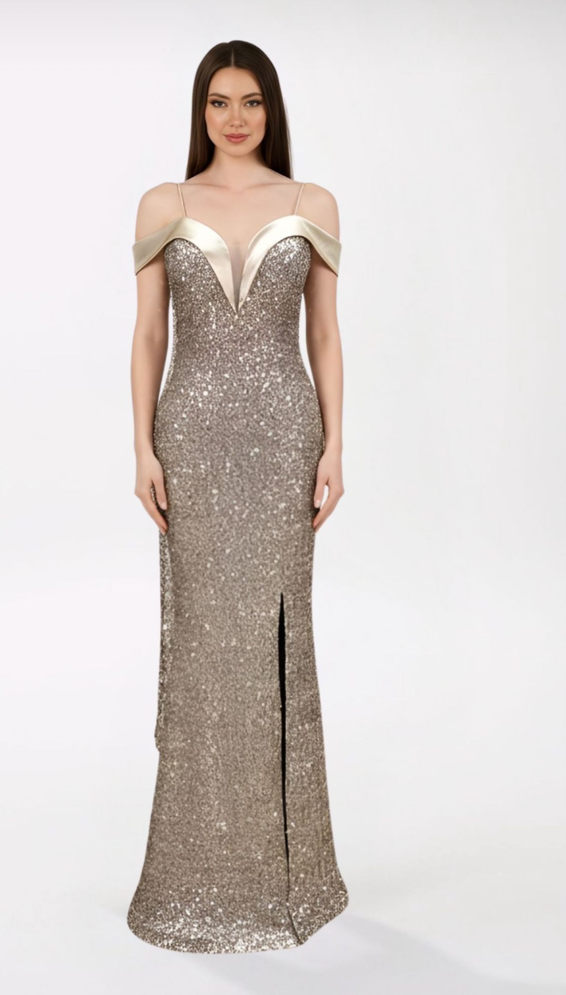 Woman in a long, sparkling gold gown with a high slit, standing in front of a white background β Nur's Collection In Rockdale, NSW