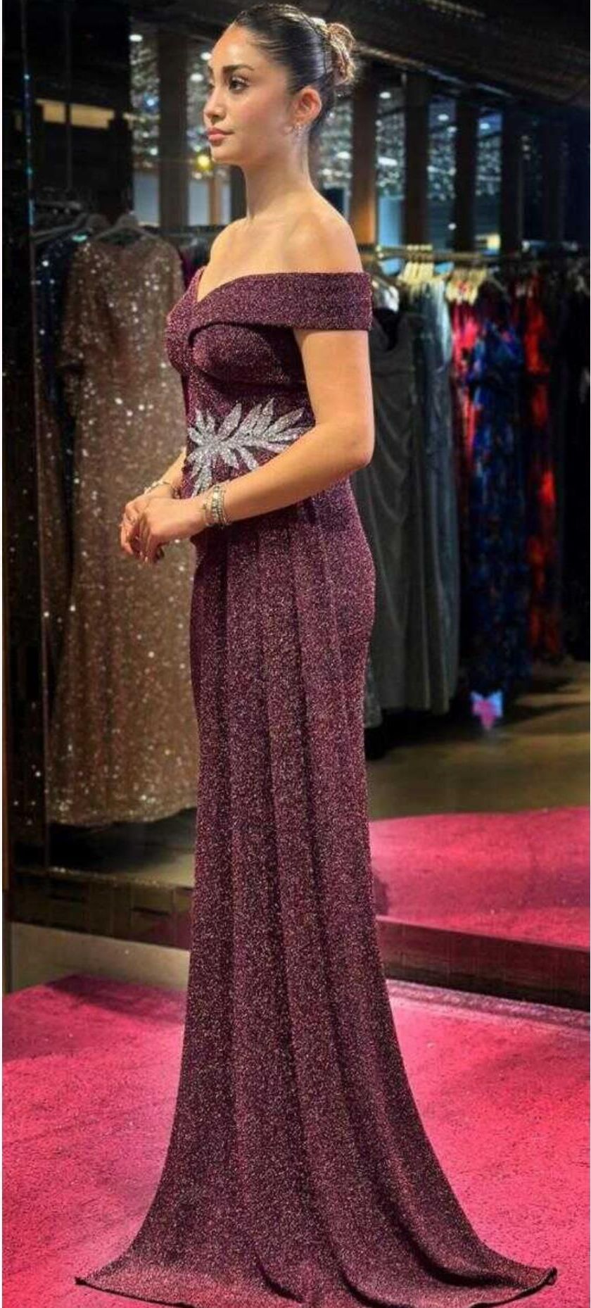 A Woman Is Wearing a Purple Off the Shoulder Dress — Nur's Collection In Rockdale, NSW