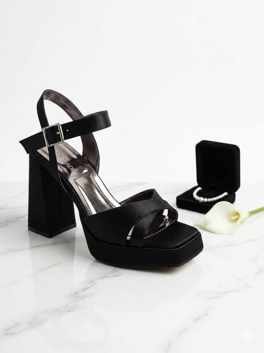 Black High-heeled Sandal With Ankle Strap Beside Matching Ring Box — Nur's Collection In Rockdale, NSW