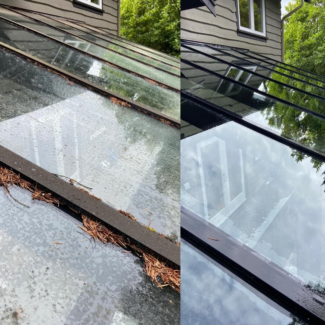 A before and after picture of a glass roof.