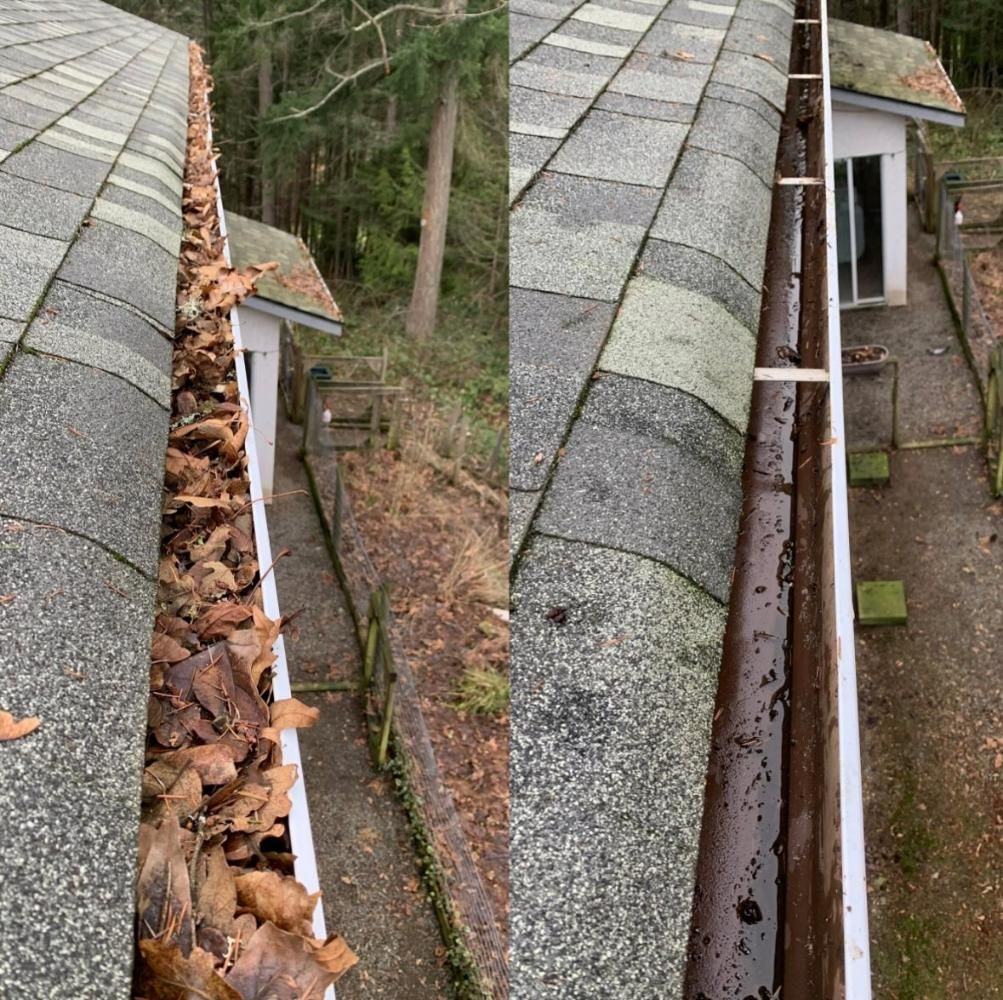 A before and after picture of a gutter with leaves on it