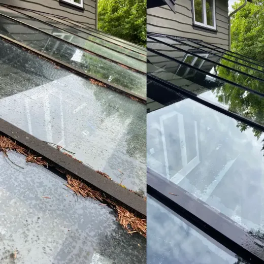 A before and after picture of a glass roof.