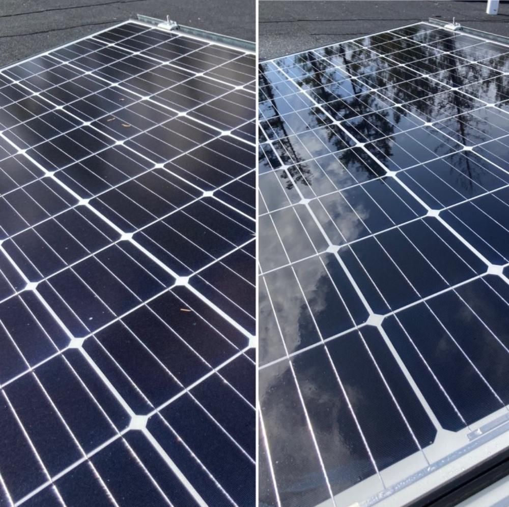 Two pictures of a solar panel on a roof