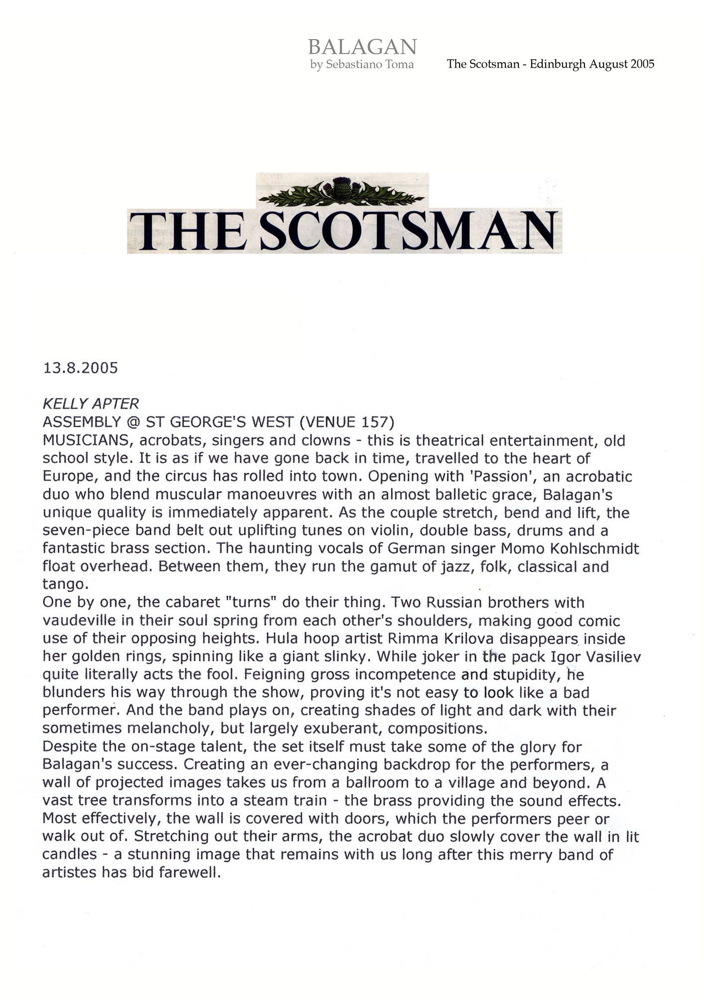 Sebastiano Toma, Balagan, Zeitgenössicher Zircus, Contemporary Circus