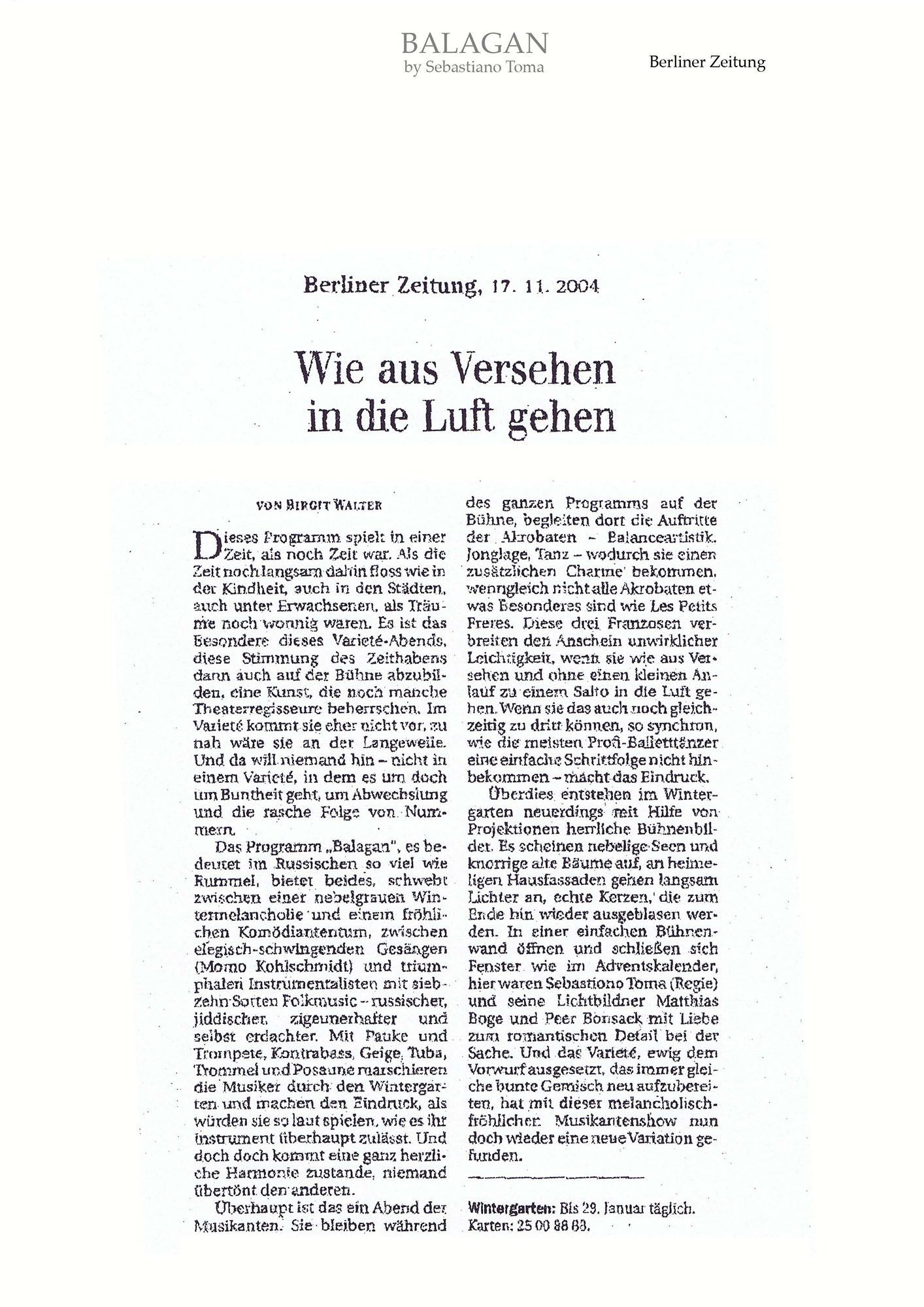 Sebastiano Toma, The Tiger Lillies Freakshow, Press review