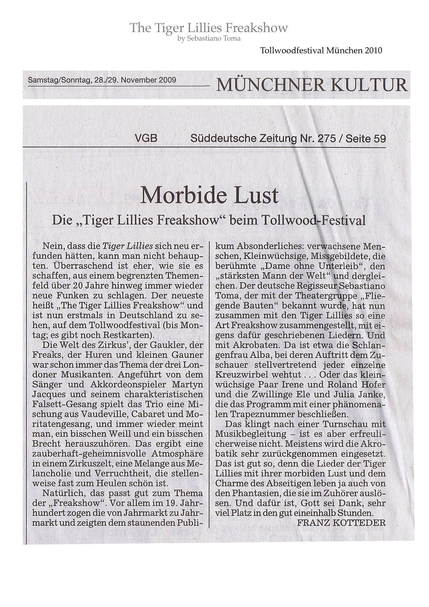 Sebastiano Toma, The Tiger Lillies Freakshow, Press review