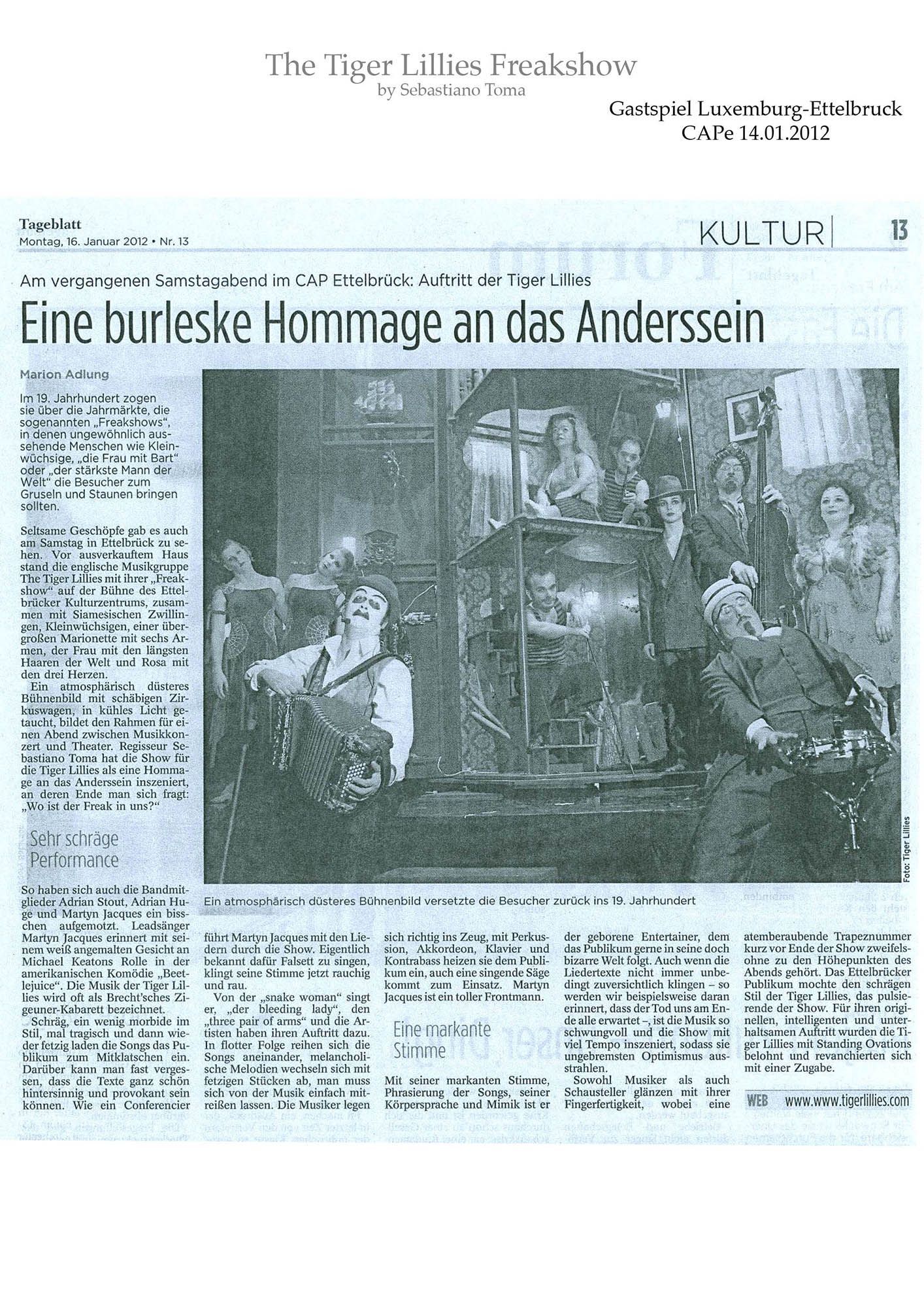 Sebastiano Toma, The Tiger Lillies Freakshow, Press review