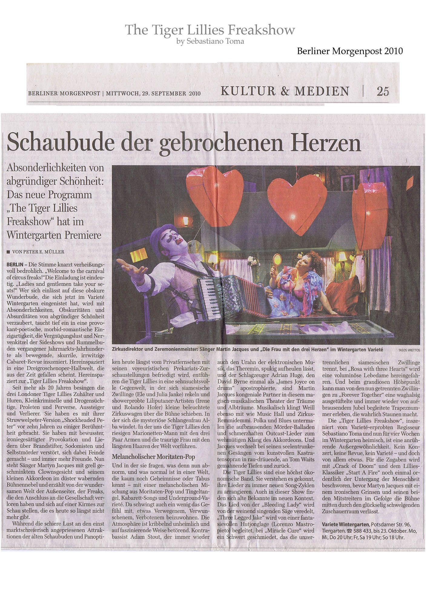 Sebastiano Toma, The Tiger Lillies Freakshow, Press review