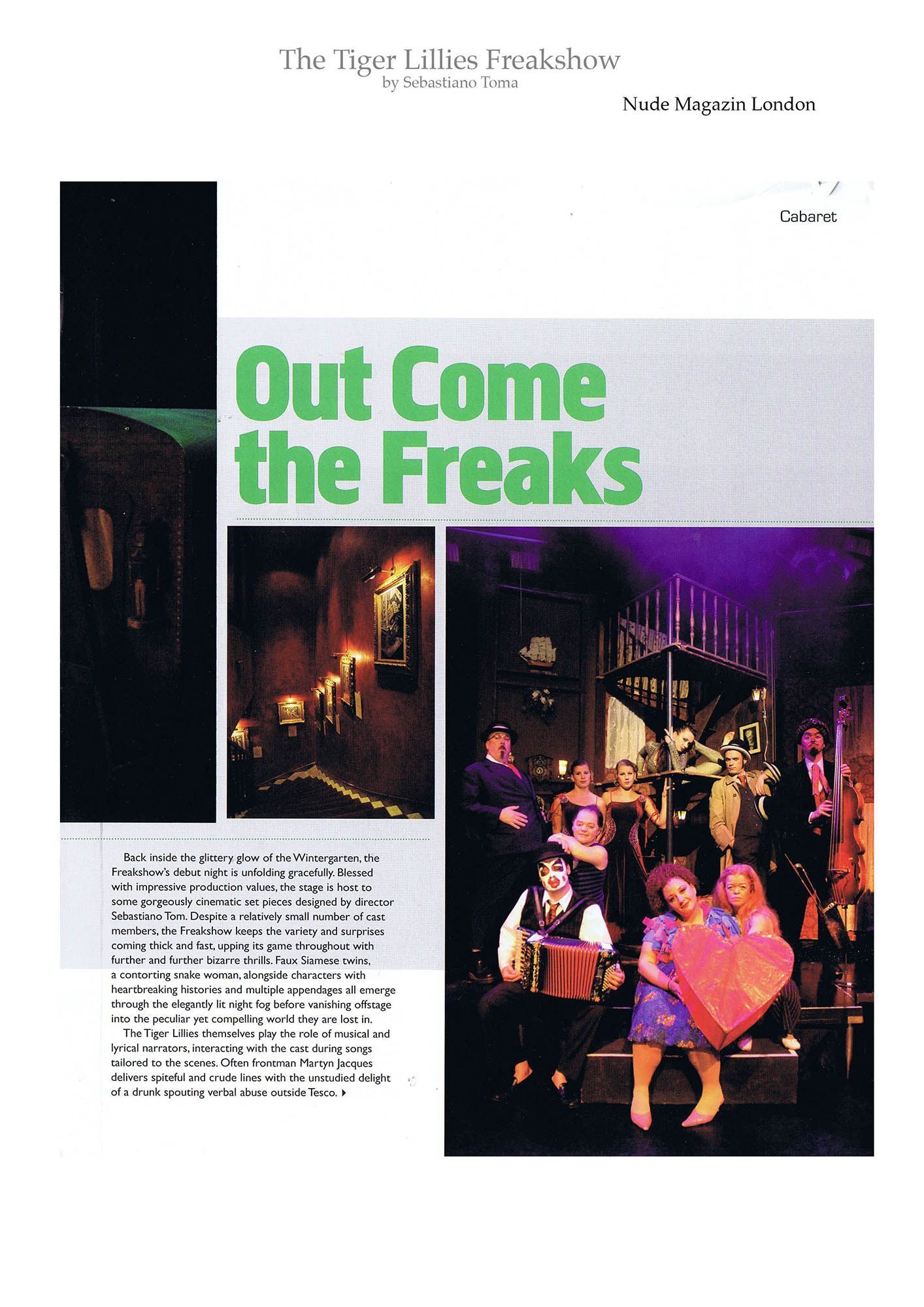 Sebastiano Toma, The Tiger Lillies Freakshow, Press review