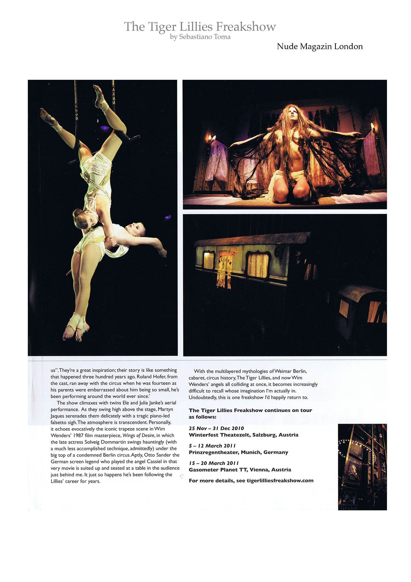 Sebastiano Toma, The Tiger Lillies Freakshow, Press review