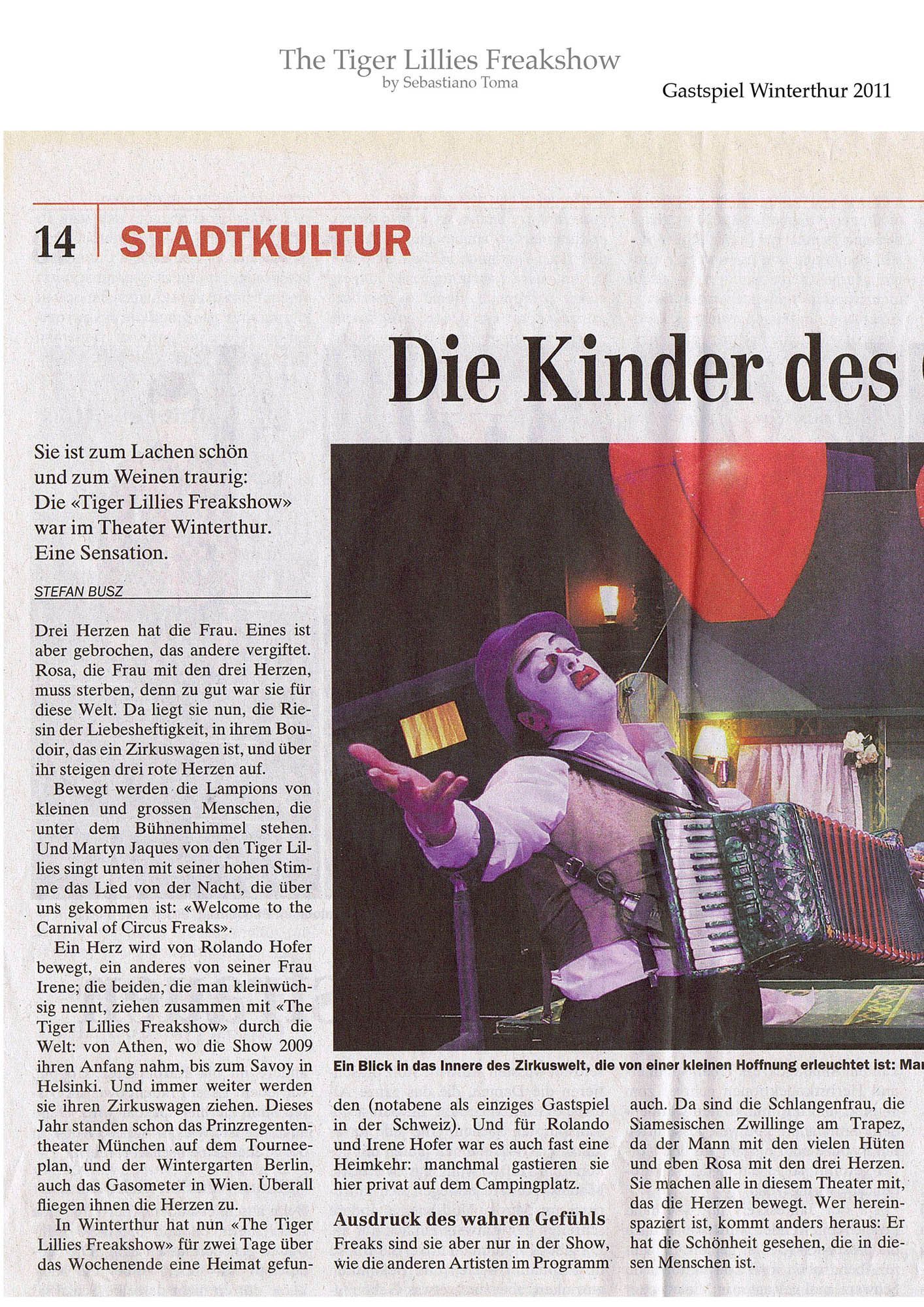 Sebastiano Toma, The Tiger Lillies Freakshow, Press review