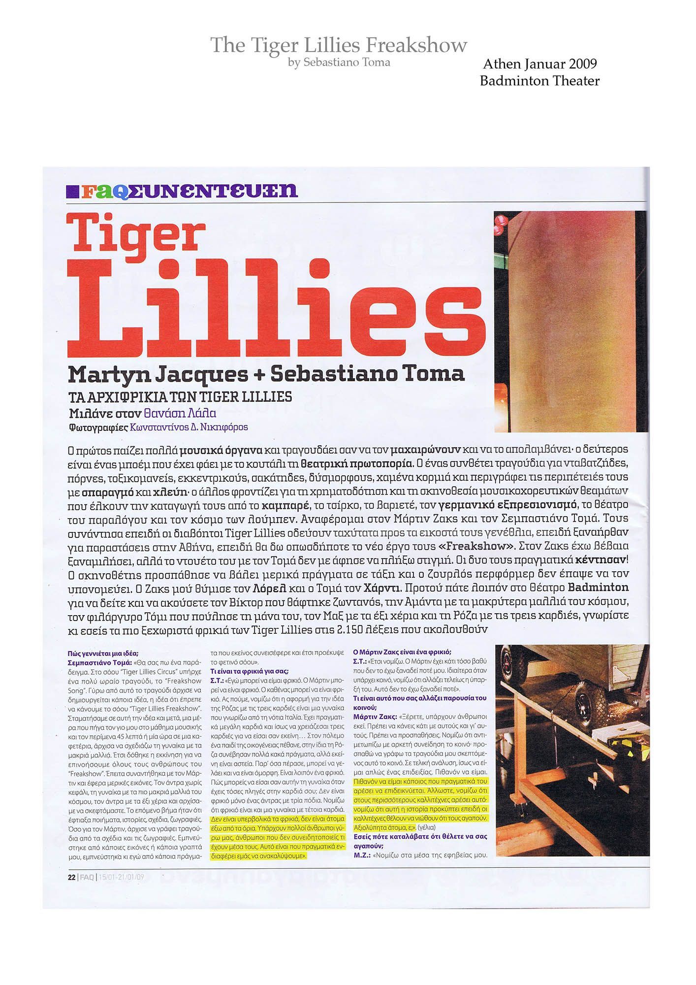 Sebastiano Toma, The Tiger Lillies Freakshow, Press review