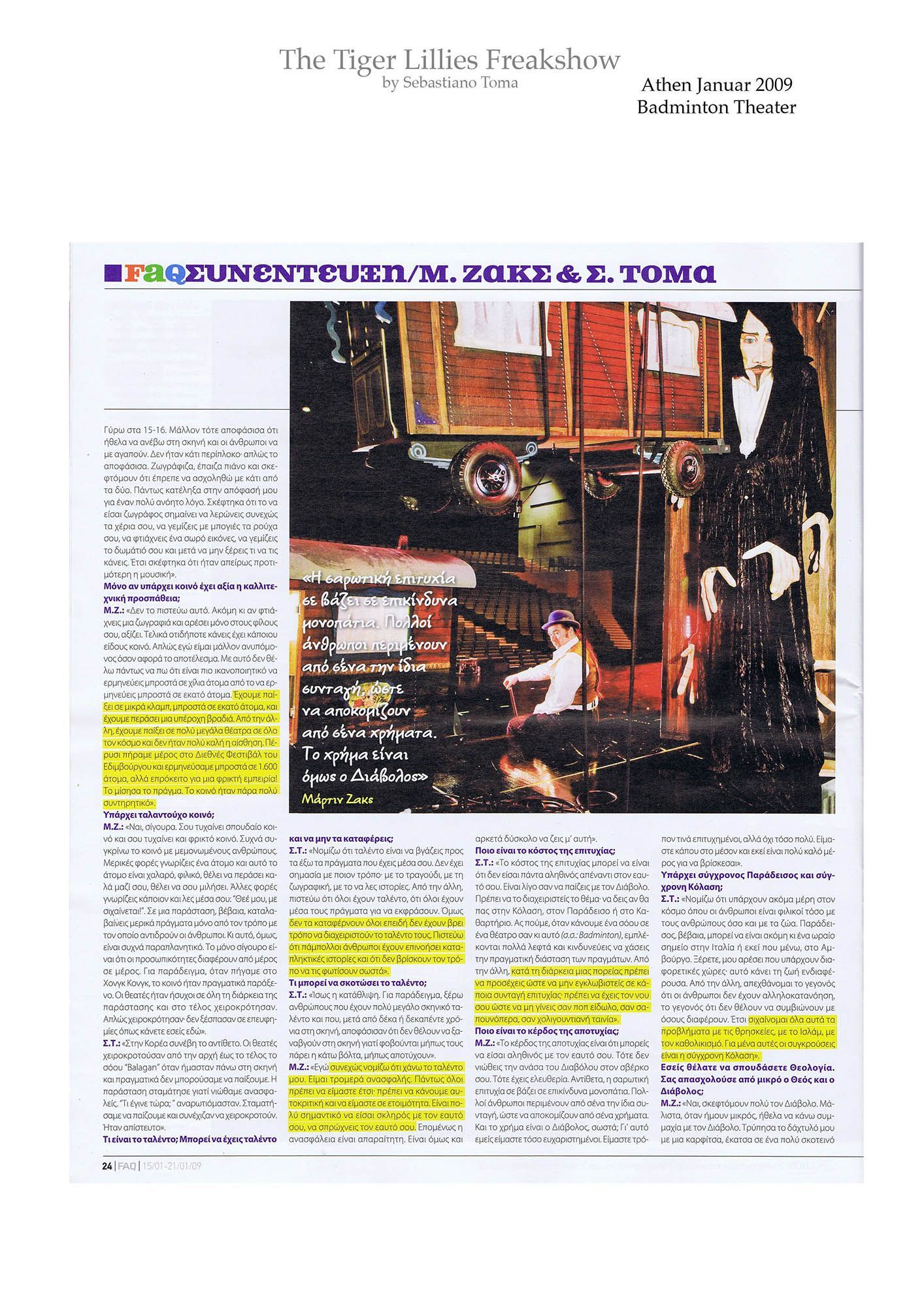 Sebastiano Toma, The Tiger Lillies Freakshow, Press review