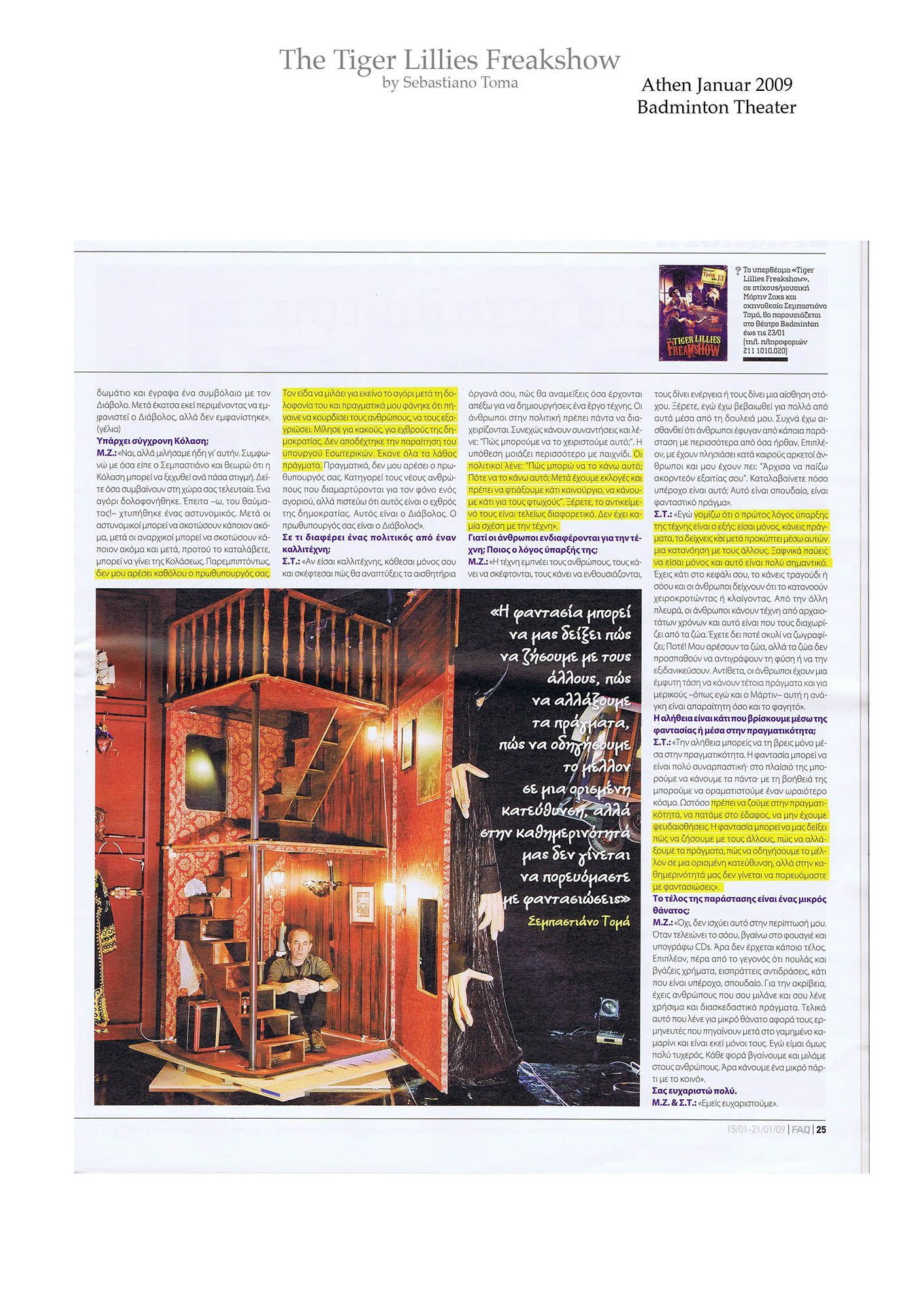 Sebastiano Toma, The Tiger Lillies Freakshow, Press review