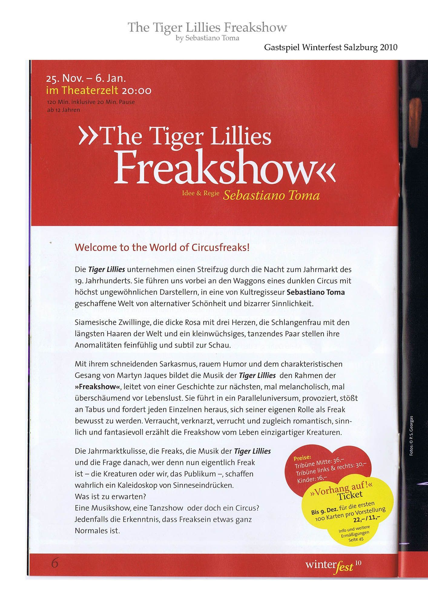 Sebastiano Toma, The Tiger Lillies Freakshow, Press review